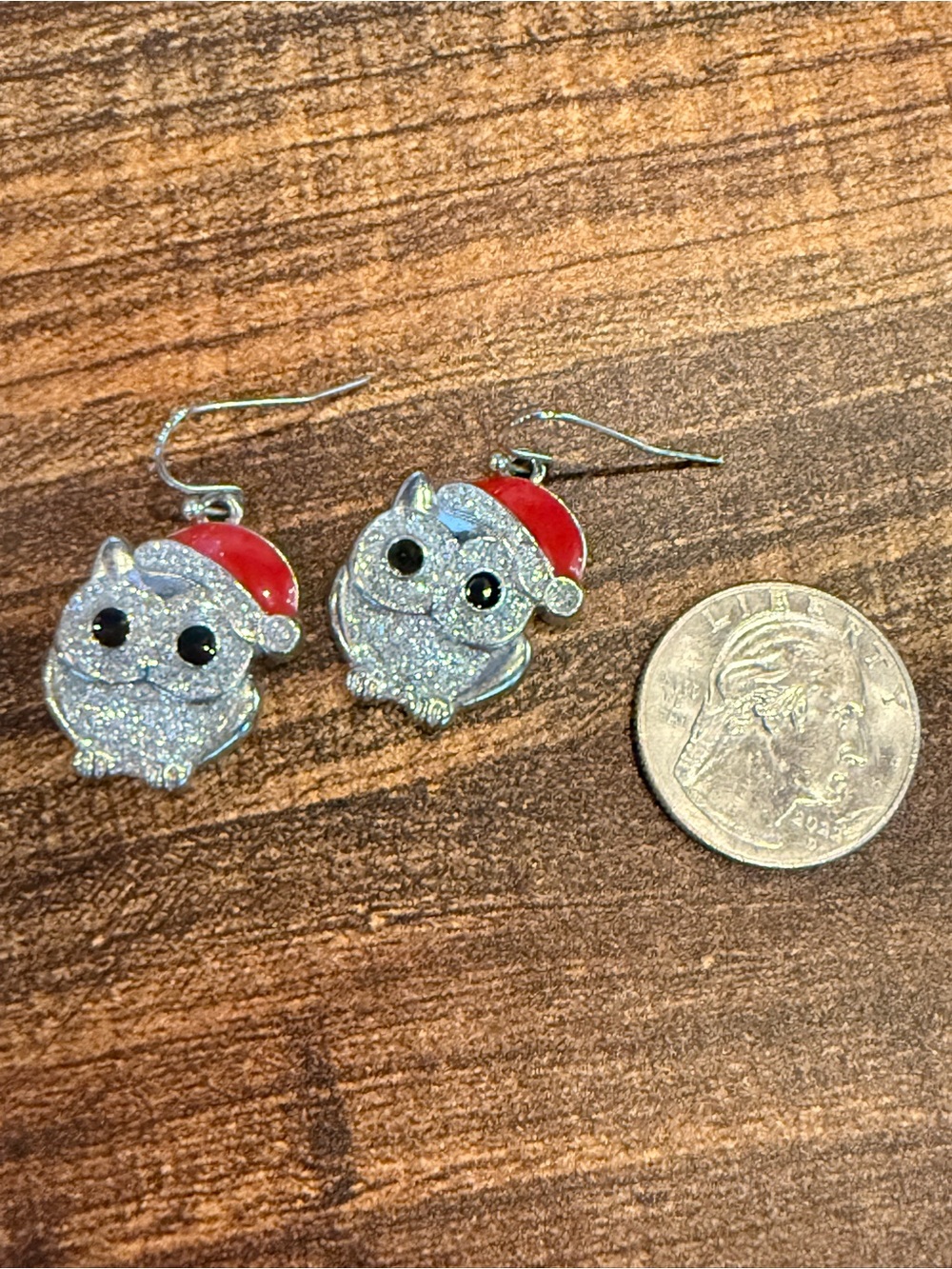Sparkling Silver Owl Earrings with Red Santa Hats